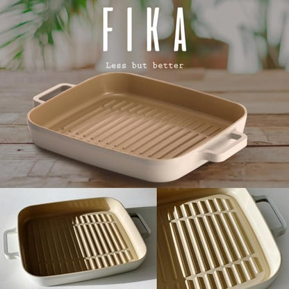 FIKA Kitchen Nonstick BBQ Grill Pan with Handle, Healthy Cooking Ceramic Coating Griddle Pan, Induction Compatible Barbeque Skillet, Dishwasher & Oven Safe, Made in Korea (11" X 9.8")