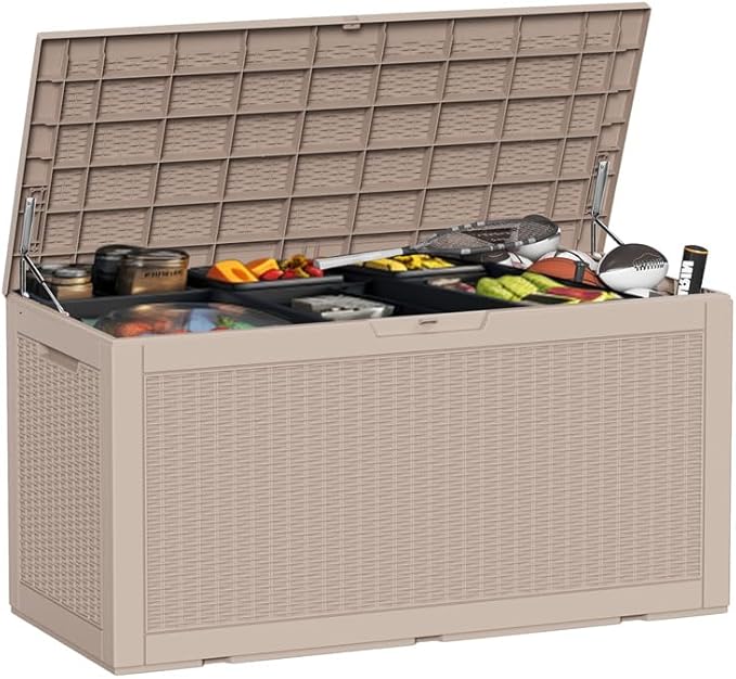 120 Gallon Waterproof Large Resin Deck Box, Lockable Storage Container for Patio Cushions, Garden Tools, Indoor & Outdoor (Brown)
