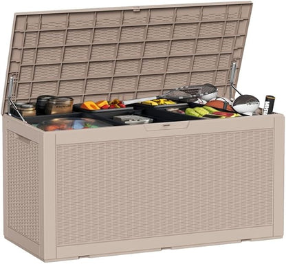120 Gallon Waterproof Large Resin Deck Box, Lockable Storage Container for Patio Cushions, Garden Tools, Indoor & Outdoor (Brown)