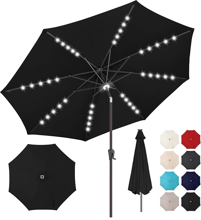 Solar Patio Umbrella with Centre Light, 10 ft Black | 40 LED Lights, UV Protection, Solar Outdoor Umbrella for Porch, Deck, Pool, Table, Garden, Provides Evening Lighting