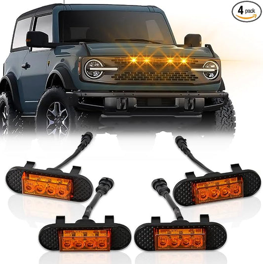 LED Grill Lights For Ford Bronco 2021 2022 2023 Amber Grille Lamps Kit 4 Pcs with Fuse