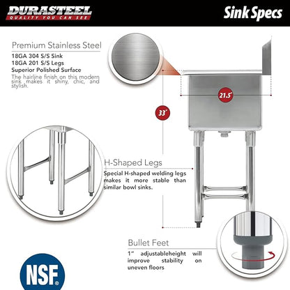 DuraSteel 304 Commercial Stainless Steel Utility Sink - 18 Inch Tub Freestanding Prep Kitchen Sink w/Faucet - NSF Hand Wash Station for Kitchen Sinks, Outdoor, Laundry Room, Garage Small Kitchenette
