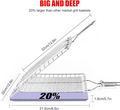 Grill Baskets Fish Grilling Basket for Outdoor Grilling Barbecue Stainless Steel Folding Grill Accessories with Removable Handle, Grill Basket for Bar, Camping, Picnics & Parties. Amazing Grill