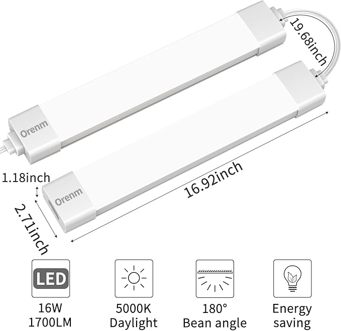Orenm LED Tube Light 1.4FT 17in With Plug, 16W 1700LM 5000K Shop Light IP65 Linkable Ceiling Closet Lights With NO/Off Switch Plug Cord