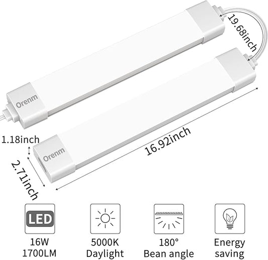 Orenm LED Tube Light 1.4FT 17in With Plug, 16W 1700LM 5000K Shop Light IP65 Linkable Ceiling Closet Lights With NO/Off Switch Plug Cord