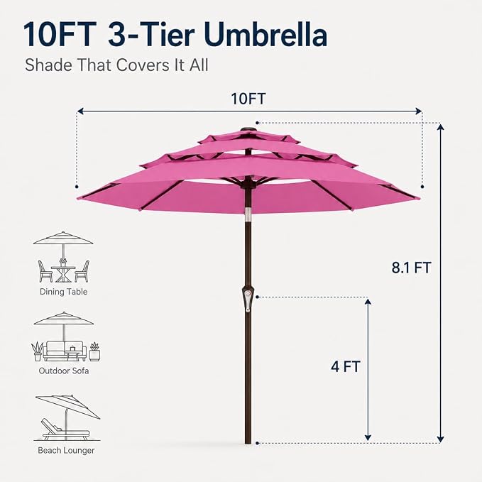 10ft Patio Umbrella, 3-Tier Vented Outdoor Table Umbrella with 8 Sturdy Fiberglass Ribs, Windproof Market Umbrella with Push Button Tilt and Crank, UV Protection for Deck, Pool, Rose Pink