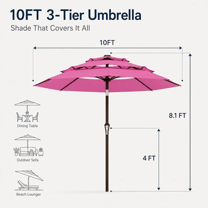 10ft Patio Umbrella, 3-Tier Vented Outdoor Table Umbrella with 8 Sturdy Fiberglass Ribs, Windproof Market Umbrella with Push Button Tilt and Crank, UV Protection for Deck, Pool, Rose Pink