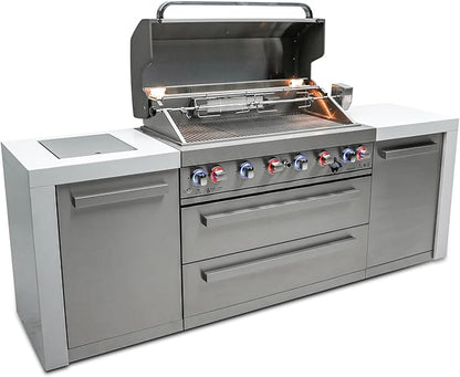 Mont Alpi Premium 94"W x 23"D Deluxe Stainless Steel Modular Outdoor Kitchen Island with Infrared Side Burner + 44"W 6-Burner BBQ Gas Grill + White Granite Countertops + Storage Cabinets & Drawers