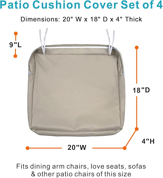 NettyPro Outdoor Cushion Slipcovers Waterproof 4 Pack Patio Chair Seat Cushion Covers with Zipper and Tie, 20 x 18 x 4 Inch, Replacement Cover Only, Khaki