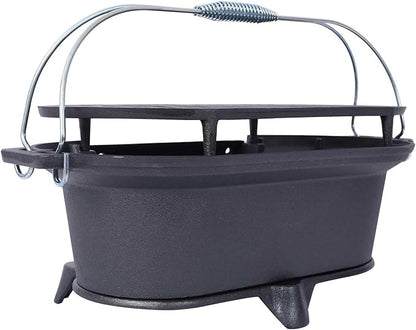 Oval Cast Iron Portable Charcoal Grill, Enameled Tabletop Hibachi Grill & Camping Stove – 100% Heavy-Duty Cast Iron Outdoor BBQ Grill for Camping, Tailgating, and Backyard Cooking, Black