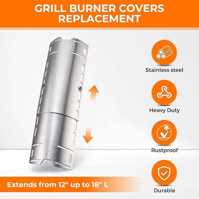 4 Pack Universal Grill Heat Plates, Grill Burner Covers Replacement Parts for Gas Grill, Extends from 12" up to 18" Adjustable Stainless Steel Grill Heat Shield, Flame Cover