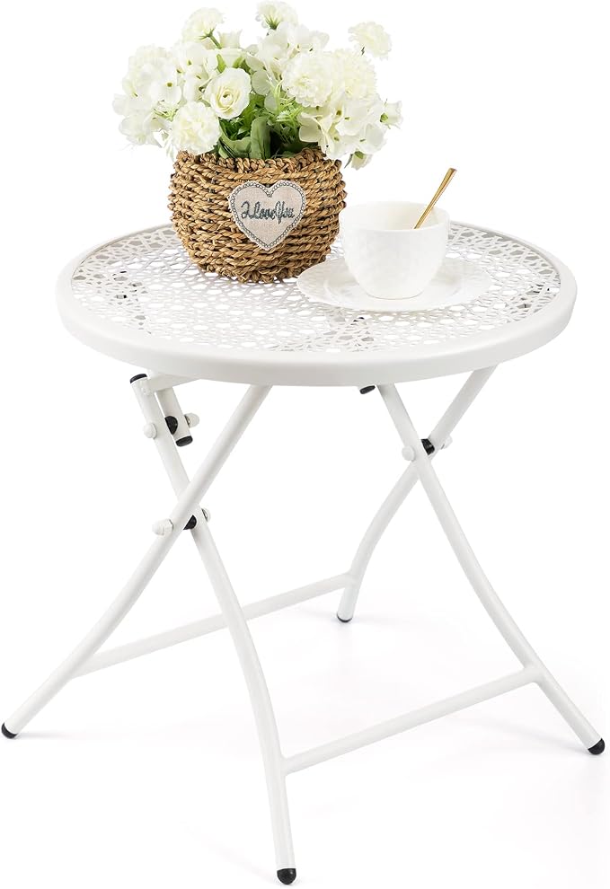 TeoKJ Folding Small Outdoor Side Table, Anti Rust Patio Metal Table | Metal Round Anti Rust Patio Desk, Small Nightstand with Flower Cutouts, for Yard, Balcony, Lawn, Pool, Lightweight, White