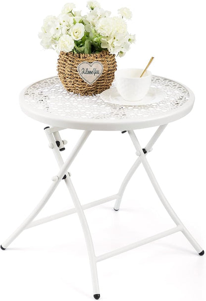 TeoKJ Folding Small Outdoor Side Table, Anti Rust Patio Metal Table | Metal Round Anti Rust Patio Desk, Small Nightstand with Flower Cutouts, for Yard, Balcony, Lawn, Pool, Lightweight, White