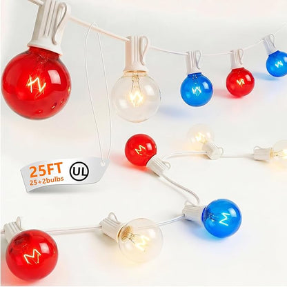 25FT G40 Red White and Blue Lights, 4th of July Outdoor String Lights with 27 Shatterproof G40 Bulbs(2 Spare), Independence Day for Patriotic Party Patio Garden Backyard Decor, 5W