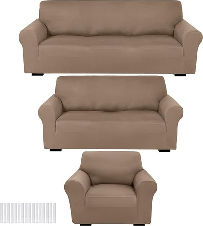 Peryiter 3 Pcs Couch and Loveseat Sofa Covers,Camel,Milk Silk | Armchair Covers for Living Room, Sofa Cushion Slipcover, Furniture Protector, Polyester and Spandex, Washable