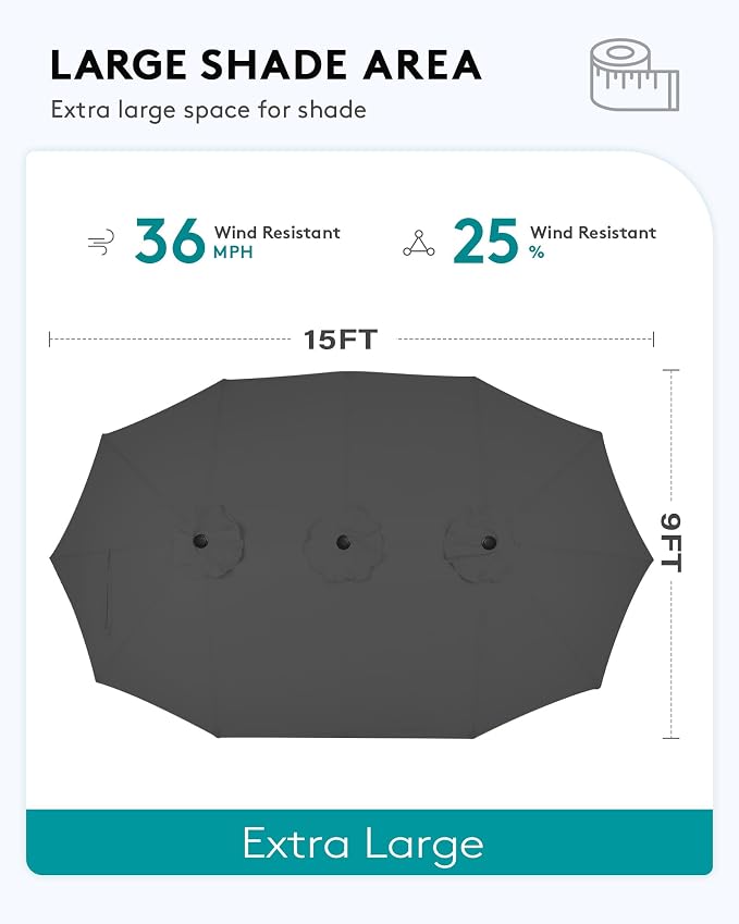 SERWALL HDPE Patio Furniture Set with 15FT Double Side Patio Umbrella, All Weather Wood-Like Outdoor Sofa Sectional Couch, Black Patio Furniture with Grey Cushions