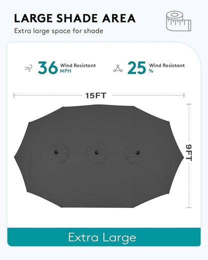 SERWALL HDPE Patio Furniture Set with 15FT Double Side Patio Umbrella, All Weather Wood-Like Outdoor Sofa Sectional Couch, Blue Patio Furniture with Grey Cushions