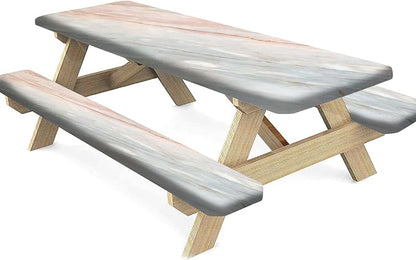 Marble Picnic Table and Bench Fitted Tablecloth Cover, Peach Grey Onyx Stone Elastic Edge Fitted Tablecloth Set for Outdoor, Park, Patio, Camping Use, Pink, 72x28 in