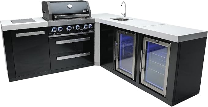 Mont Alpi Premium 82"W x 88"D Black Stainless Steel L-shaped Outdoor Kitchen Island with 2 Refrigerators + Faucet & Sink + 32"W 4-Burner BBQ Grill + Granite Countertops + Storage + Rotisserie + Cover