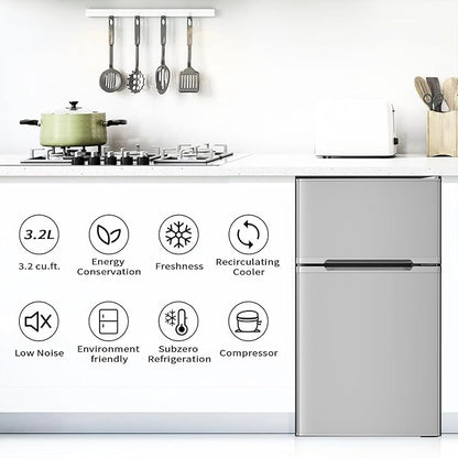 Antarctic Star Mini Compact Refrigerator, 3.2 Cu.Ft. Separate Freezer Double 2-Door Adjustable Removable Shelves For Basement/Apartment/Dorm/Office,GREY