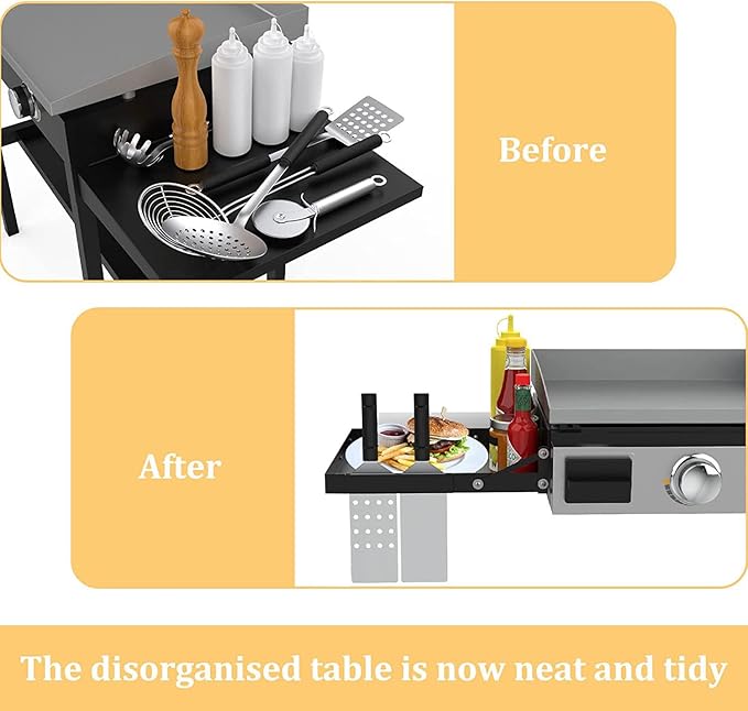 New Upgraded Griddle Caddy Shelf for Blackstone 17"/ 22"/ 28" Griddle, Addition Side Rack Storage Tray with Paper Towel Holder, Spatula Holder Organizer for Blackstone Grill Accessories