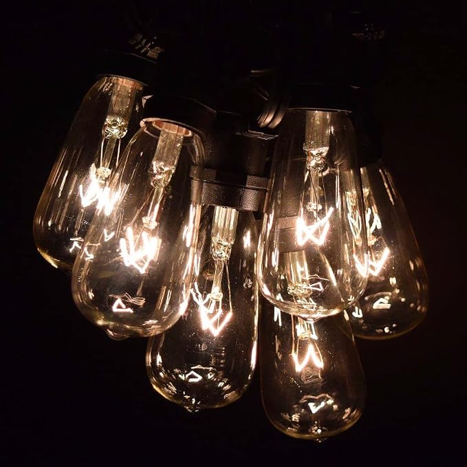 Commercial Vintage Edison String Lights (PS50 Clear - Black Wire, 50 Foot) | ST40 Clear 7 Watt Bulbs, 50 Foot 40 Socket, Commercial Grade Outdoor Lights