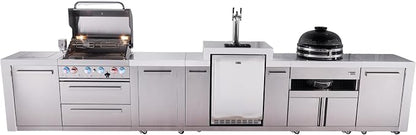 Mont Alpi Premium 4-Burner 155" Deluxe Stainless Steel Island Modular Outdoor Kitchen Island BBQ Gas Grill + Infrared Side Burner + Kegerator + Kamado + Storage Drawers and Cabinets + Rotisserie Kit
