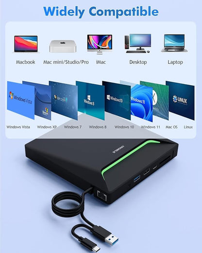 New External CD DVD Drive Cool DVD Burner with Ethernet Adapter USB 3.0 Hub | 3 USB Ports and 2 TF/SD Card Slots, CD DVD Player Reader Writer Optical Disc Drive for Laptop MacBook PC Windows Linux Mac OS