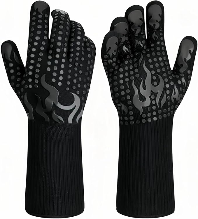 Heat Resistant BBQ Gloves, 1472°F Grilling Gloves with Silicone Non-Slip Grip, Long Cuff Oven Gloves for Barbecue, Cooking, Baking, Smoker, Fryer and Kitchen Use, 1 Pair (Black)