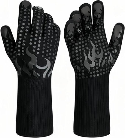 Heat Resistant BBQ Gloves, 1472°F Grilling Gloves with Silicone Non-Slip Grip, Long Cuff Oven Gloves for Barbecue, Cooking, Baking, Smoker, Fryer and Kitchen Use, 1 Pair (Black)