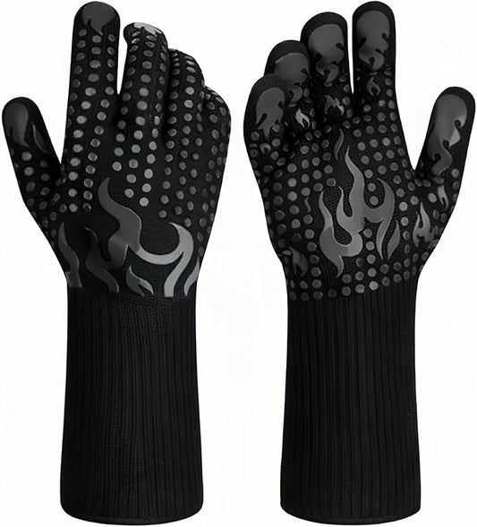 Heat Resistant BBQ Gloves, 1472°F Grilling Gloves with Silicone Non-Slip Grip, Long Cuff Oven Gloves for Barbecue, Cooking, Baking, Smoker, Fryer and Kitchen Use, 1 Pair (Black)