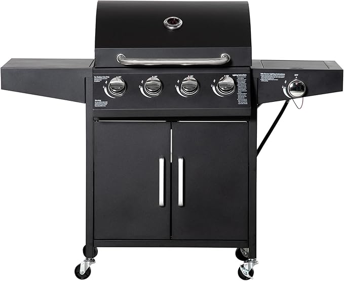 Outsunny 4 Burner Propane Gas Grill with Side Burner, 48,000 BTU Steel Outdoor Barbecue Grill with Cabinet, Shelf, Warming Rack, Thermometer, Wheels, Black