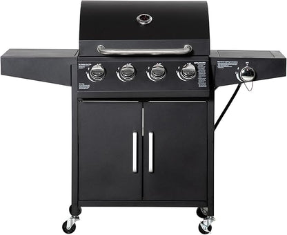 Outsunny 4 Burner Propane Gas Grill with Side Burner, 48,000 BTU Steel Outdoor Barbecue Grill with Cabinet, Shelf, Warming Rack, Thermometer, Wheels, Black