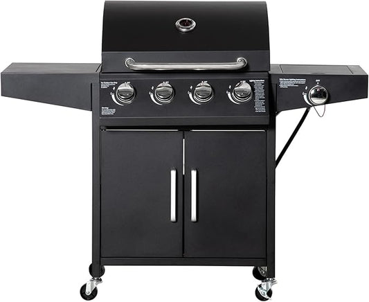 Outsunny 4 Burner Propane Gas Grill with Side Burner, 48,000 BTU Steel Outdoor Barbecue Grill with Cabinet, Shelf, Warming Rack, Thermometer, Wheels, Black