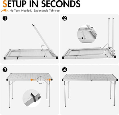 Portal Camping Table with Expandable Tabletop 37" to 51.2", Aluminum Folding Table for 2-6 People, Portable Lightweight Camp Table with Storage Mesh & Carry Bag for Camping, Picnic, Tailgating