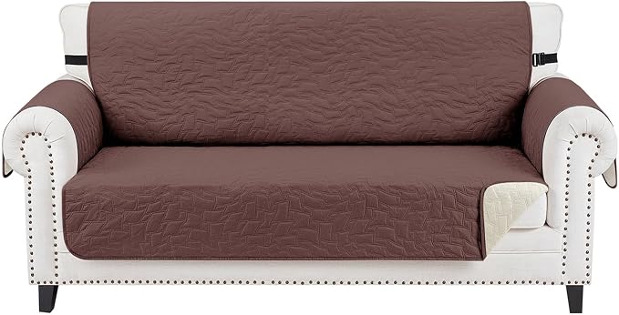 CUCRAF Non Slip Quilted Sofa Cover, Water Resistant Slipcover Furniture Protector for 2 Cushion Sofa Pet Friendly, Washable Couch Cover with Adjustable Elastic Straps (Medium-XL Loveseat, Coffee)
