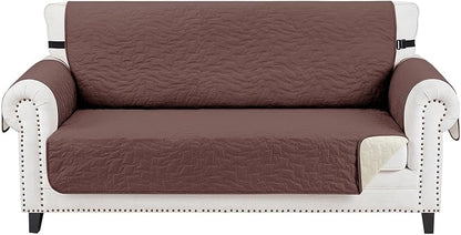 CUCRAF Non Slip Quilted Sofa Cover, Water Resistant Slipcover Furniture Protector for 2 Cushion Sofa Pet Friendly, Washable Couch Cover with Adjustable Elastic Straps (Medium-XL Loveseat, Coffee)