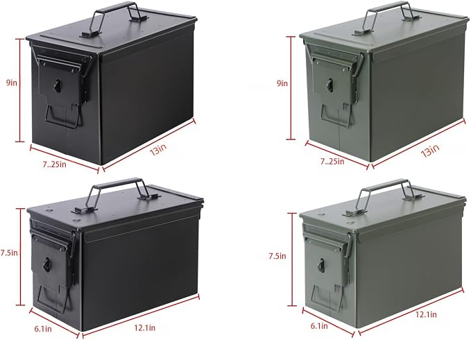 Ammo Can & Ammo Box, Fireproof & Waterproof Metal Storage Box - Perfect for Ammo, Lithium Batteries & RC Car Batteries (Without Lock, Green-13 * 7.2 * 9")