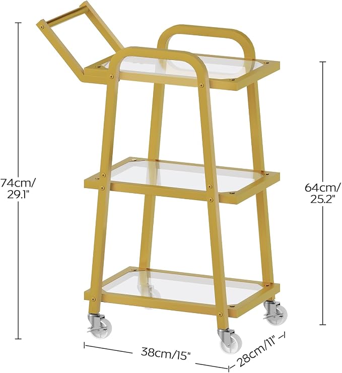 Bar Cart, 3-Tier Serving Cart for Home, Mobile Drink Cart with Wheels, Rolling Kitchen Cart, for Home Bar, Party, Living Room, Gold BC07GD