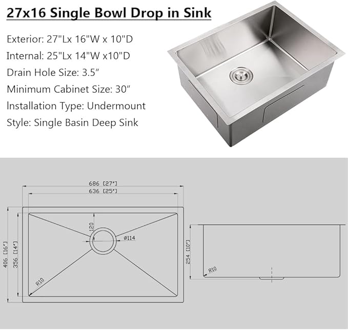 Undermount Kitchen Sink,Jshozzy 27x16 Stainless Steel Kitchen Sink Undermount 16 Gauge Handmade Under Counter Single Bowl Sink Deep