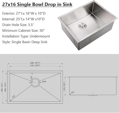 Undermount Kitchen Sink,Jshozzy 27x16 Stainless Steel Kitchen Sink Undermount 16 Gauge Handmade Under Counter Single Bowl Sink Deep