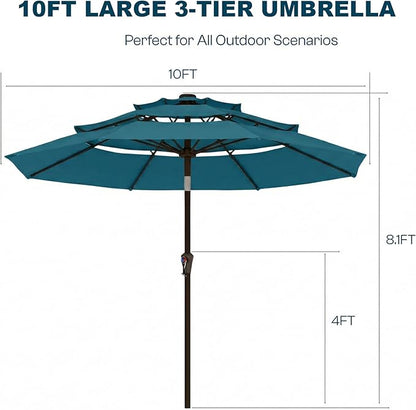 10ft Patio Umbrella, 3 Tier Outdoor Market Table Umbrellas with 8 Fiberglass Ribs and Push Button Tilt, Windproof, Vented Canopy, UV Protection for Deck, Pool, Backyard