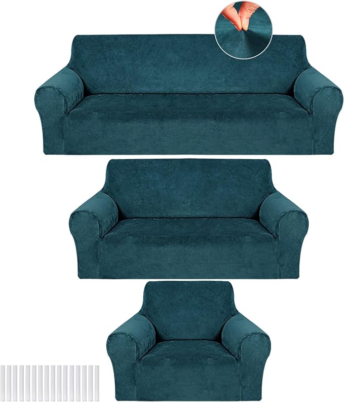 Peryiter 3 Pcs Couch and Loveseat Sofa Covers,Deep Teal,Velvet | Armchair Covers for Living Room, Sofa Cushion Slipcover, Furniture Protector, Polyester and Spandex, Washable