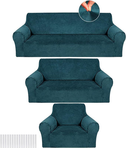 Peryiter 3 Pcs Couch and Loveseat Sofa Covers,Deep Teal,Velvet | Armchair Covers for Living Room, Sofa Cushion Slipcover, Furniture Protector, Polyester and Spandex, Washable