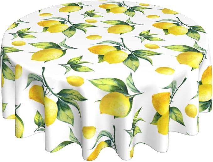 Sweetshow Lemon Tablecloth Round 60 Inches for Spring Summer Yellow Lemon Table Cloth Polyester Anti-Wrinkle Washable Circle Table Cover for Kitchen Dining Room Picnic Patio Wedding Party