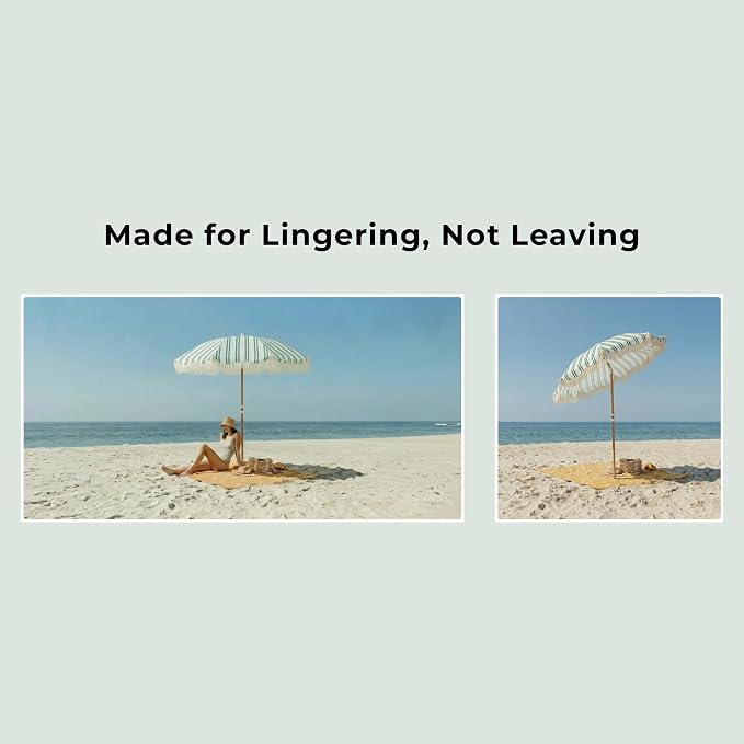 6FT Striped Fringe Beach Umbrella, Sand Anchor, UPF 50+ Sun Shade | Adjustable Tilt & Portable Design, Coastal Umbrella for Beach & Patio, Heritage Ocean Cypress Stripe