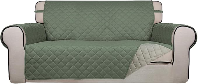 PureFit Reversible Quilted Couch Covers for Dogs Loveseat Sofa Cover 54" | Greyish Green/Beige, Water Resistant Couch Protector, Washable Pet Couch Cover with Non Slip and Elastic Straps For Kids