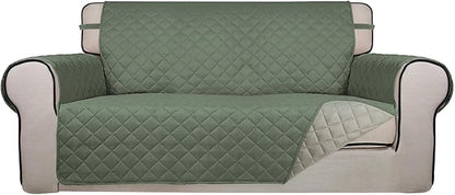PureFit Reversible Quilted Couch Covers for Dogs Loveseat Sofa Cover 54" | Greyish Green/Beige, Water Resistant Couch Protector, Washable Pet Couch Cover with Non Slip and Elastic Straps For Kids