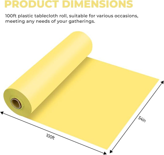 54 Inch X 100 Feet Plastic Table Cover Roll Premium Disposable Plastic Tablecloth for All Type/Shape Tables | Picnic, Party, Banquet, Birthdays, Weddings (Light Yellow, 54 Inch X 100 Feet)