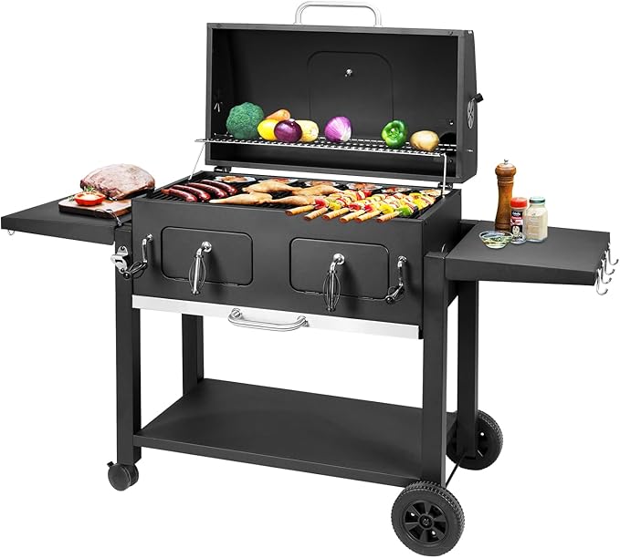 Extra Large Charcoal Grill - 794 Sq In Cooking Area, Adjustable Charcoal Trays, Foldable Side Tables For Outdoor Bbq, Perfect For Backyard Cooking Black Large